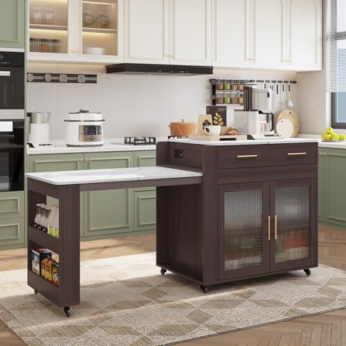 HLR Kitchen Island with Extendable Dining Table, Marble Grain Countertop
