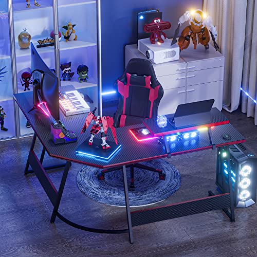 Shahoo Pc Gaming Desk 51 Inch L Shaped Carbon Fiber Surface Desktop Computer Table With Led Monitor Stand, Cup Holder & Headphone Hook, Black #TOP3