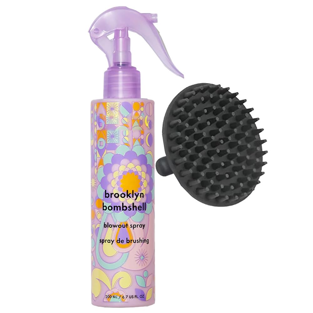 Amikaa Brooklyn Bombshell Blowout Spray 6.7 oz with Scalp Shampoo Brush – Volumizing Heat Protectant for Fine to Medium Hair, Blowout Mist for Body &