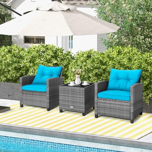 Image of Tangkula 3 Pieces Patio Furniture Set, Outdoor PE Rattan Conversation Chair Set with Tempered Glass Side Table and Removable Cushions, PE Wicker Chairs and Table Set for Porch, Balcony and Garden