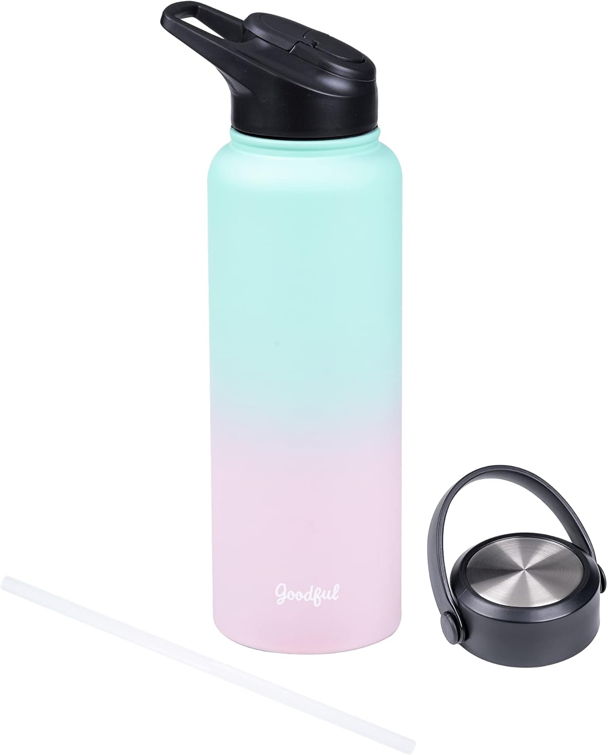 Goodful Double Wall Vacuum Sealed, Insulated Water Bottle with Two Interchangeable Lids, Sipping or Chugging Lids, Leak-Proof, Wide Mouth for Drinking and Cleaning, 40 Oz, Ombre Pink/Blue