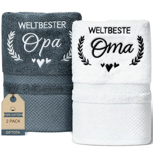 Giftota Oma und Opa Geschenk 2 teilig Handtuch Set 100% Baumwolle Bestickt Handtücher 35 x 75 cm Geburtstagsgeschenk für Oma und Opa