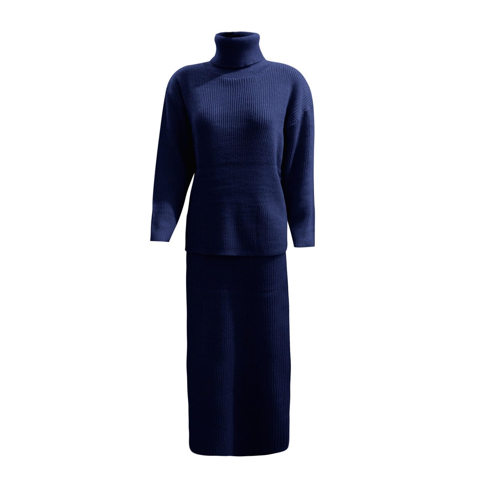 Strickkleid für Damen, 2-teilig, einfarbig, langärmlig, Pullover, Oberteil und Rock, Strickpullover, Rollkragen, Strickkleid, Herbst- und Winter-Outfit, 2-teiliges Midi-Kleid