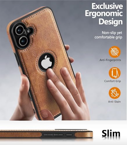 Image of MOBILOVE PU Leather Flexible Soft Logo View Back Case Cover Comes with Camera & Screen Protection for | iPhone 16 (Brown)