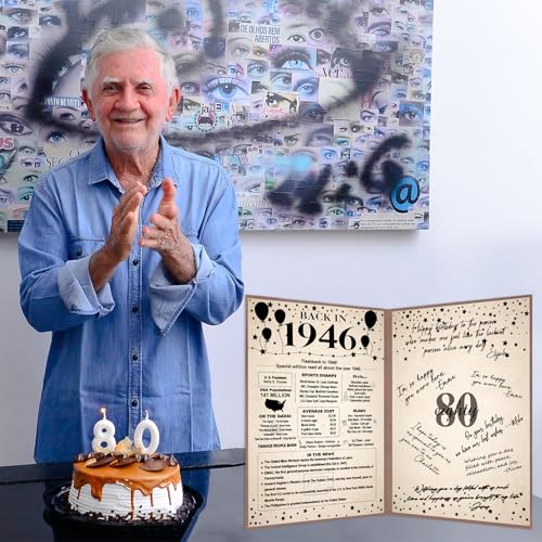 Image of Crenics 80th Birthday Decorations for Women or Men, Vintage Back in 1946 Poster, 80th Birthday Guest Signature Book, Awesome 80 Birthday Gifts