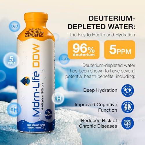 Image of •Mdrn-Life Deuterium Depleted Water, Purified Bottled Water, DDW as Low as 5-PPM, 9.5 pH Alkaline, No Additives or Chemicals, Pack of 12 (500 ml each) (Glass Bottle)
