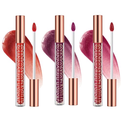 Image of Ofanyia Hyaluronic Acid Lip Gloss, Shimmer Plumping Liquid Lipstick, Moisturizing Long-lasting Smooth Texture Lifter Lip Gloss with Heart Brush (3Colors(06+07+08))