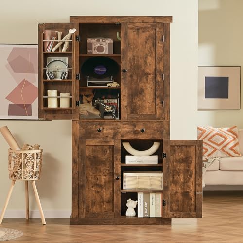 usikey-72-Kitchen-Pantry-Cabinet-Tall-Storage-Cabinet-with-4-Doors-and-1-Drawer-Freestanding-Cupboard-with-6-Hanging-Shelves-and-Adjustable-Shelves-for-Kitchen-Living-Room-Rustic-Brown usikey 72 Kitchen Pantry Cabinet Tall Storage Cabinet with 4 Doors and 1 Drawer Freestanding Cupboard with 6 Hanging Shelves and Adjustable Shelves for Kitchen Living Room Rustic Brown