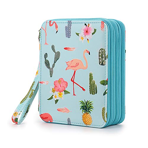BTSKY Zippered Pencil Case-Canvas 72 Slots Handy Pencil Holders with Printing Pattern for Prismacolor Watercolor Pencils, Crayola Colored Pencils, Marco Pencils Flamingo Blue