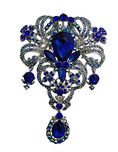 TTjewelry Classic Style Flower Drop Brooch Pin Rhinestone Crystal Pendant (Blue)