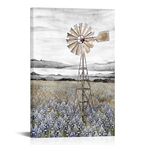 Conipit Farmhouse Canvas Wall Art Countryside Flower Field Nature Meadow Landscape Rustic Windmill Bluebonnets Picture Framed Artwork for Home Decor Black Purple 16x24inch