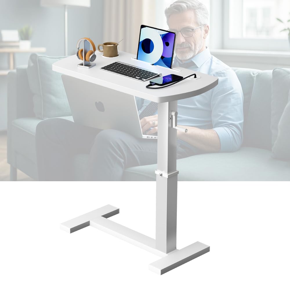 Mesa Auxiliar Ajustable en Forma de C con Ruedas, mesita de Noche para Cama, Escritorio Lateral para portátil con Estructura metálica, para sofá, Cama, bañera, 70 x 40 cm (65-95 cm