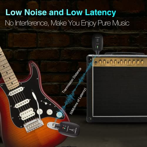 LEKATO Sistema de Guitarra Sem Fio Recarregável Integrado 4 Canais Transmissor de Guitarra Sem Fio R
