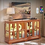59' W LED Curio Cabinet with 7 Color Lights, Vintage Glass Display Case with Glass Doors, Smartphone-Controlled, Short Wooden China Cabinet with Adjustable Shelves for Living Room, Entryway (Dark Oak)