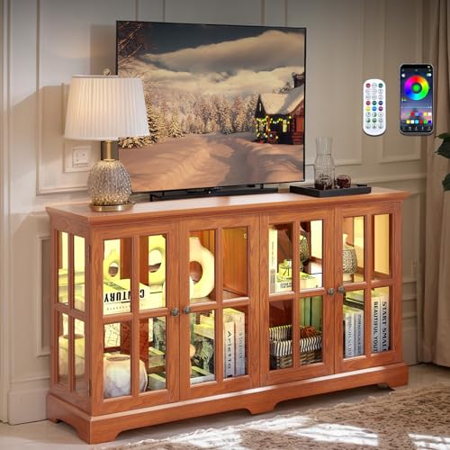 59" W LED Curio Cabinet with 7 Color Lights, Vintage Glass Display Case with Glass Doors, Smartphone-Controlled, Short Wooden China Cabinet with Adjustable Shelves for Living Room, Entryway (Dark Oak)
