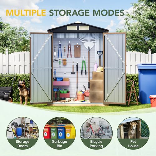 Image of Breezz 5x3FT Outdoor Steel Storage Shed, Lockable Doors, Compact Metal Tool Shed for Garden, Backyard, Patio, Utility, and Bike Storage,Brown