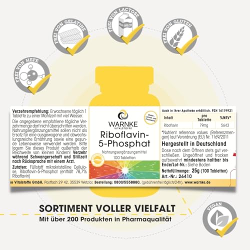 Riboflavin-5-Phosphat - Vitamin B2-100 Tabletten - schluckfreundlich - vegan - aktives Riboflavin | Warnke Vitalstoffe - Deutsche Apothekenqualität