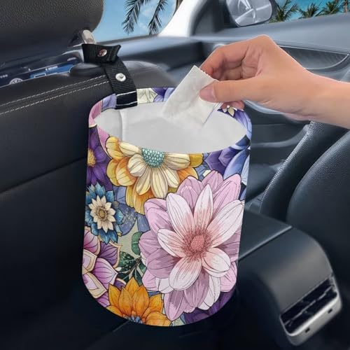 Image of Pensura Oil Painting Flower Auto Trash Bag Interior Bottom Waterproof Camping Trash Can Reusable Car Rubbish Bag Foldable Rubbish Bin Universal Fit for Car SUV Trucks