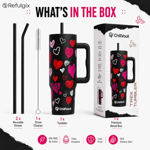 Image of REFULGIX ChillVault 1200ml Stainless Steel Tumbler | Double-Wall Vacuum Insulated Travel Mug with Handle, Leak-Proof Lid & 2 Reusable Straws | Keeps Drinks Hot & Cold | Black