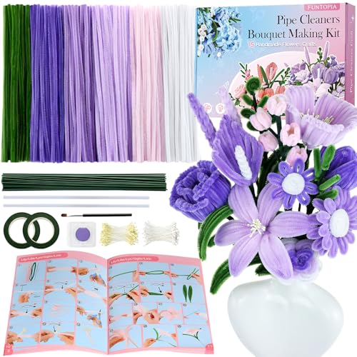 Funtopia Pipe Cleaner Flowers 540 Pcs Pipe Cleaners Craft Bulk Pipe Cleaner Flower Kit with Instruction Chenille Stems for Flower Making DIY Bouquets and Party Decorations (Purple 12in x 7mm)