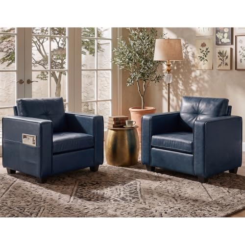 TYBOATLE Leather Chairs w/Side Pockets, Comfy Blue Faux Leather Accent