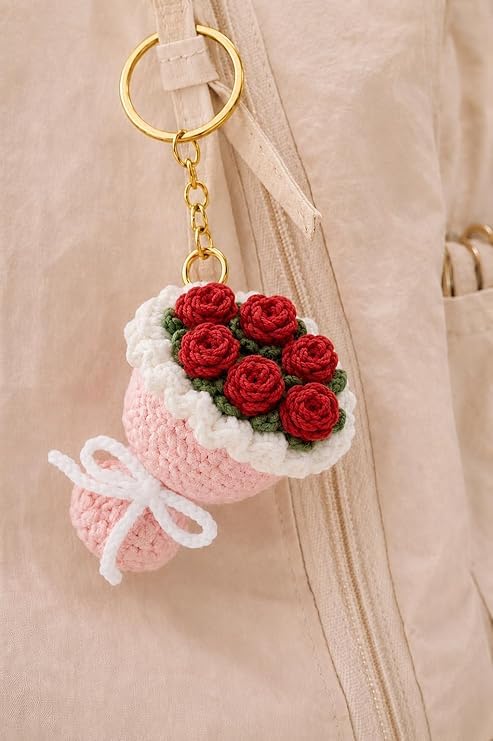 Image of Handmade Crochet Keychain Combo for Girls Women Cute Aesthetic Sunflower Strawberry Watermelon Daisy Knitted Keychain Bag Charm Purse Charm Car Key Ring Backpack Accessories Gift