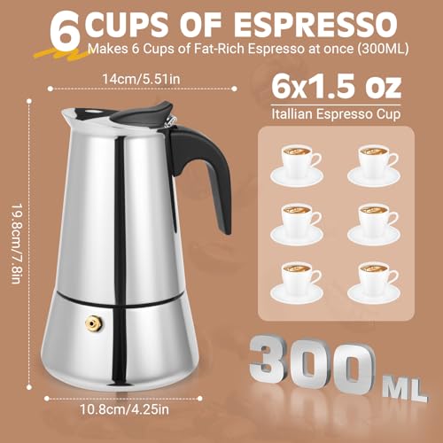 Image of 6 Cup Stainless Steel Moka Pot, 300ml Stovetop Espresso Maker, Silver