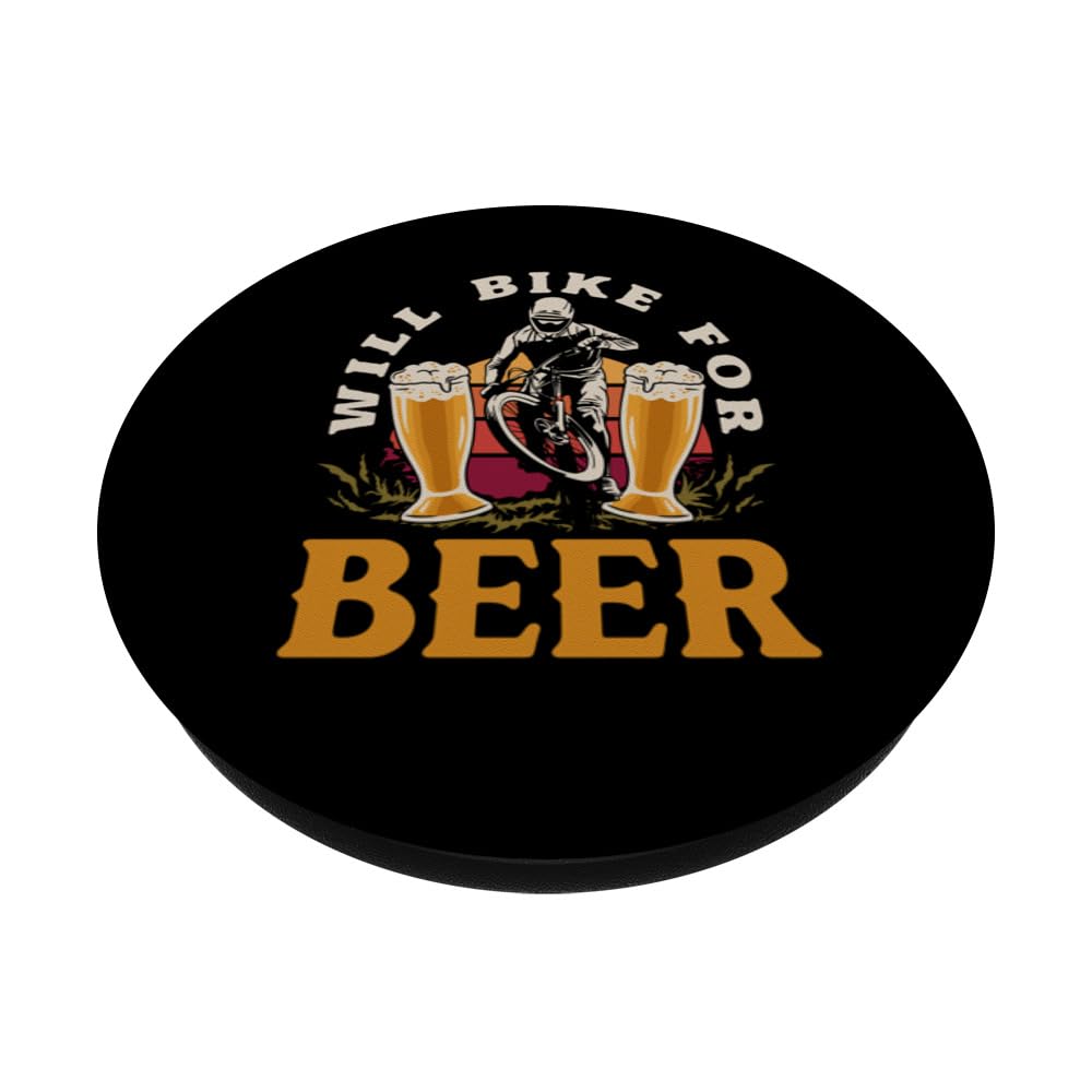 Will Bike For Beer Cycling Road Bike Funny Cyclist PopSockets Swappable PopGrip, Black - Image 2