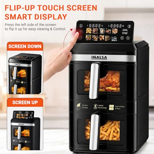 Image of INALSA Double Basket Air Fryer 2800W & 14 L (7L+7L) Large Capacity |Non Toxic,BPA Free|PFOA Food Safety Certified|Cook 2 Full Meals Together|Flip Digital Screen|NutriFry DuoSlim