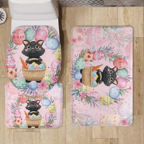 Badteppich Set Rosa Katze Blumen Badezimmermatte rutschfest Waschbar Bad Vorleger Dekoration Schnell Trocknend Badgarnitur 3 Teilig Stand WC Deckelbezug Bath Mat 50x80 cm