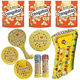 Pack vacaciones Lacasitos y Conguitos:3 blancos doyPack 220g,palas con ventosa y con pelota , pompero,frisbee y colchoneta