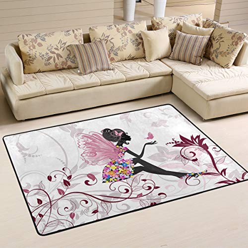 JSTEL Tapis doux lavable motif fée et papillons 90 x 60 cm