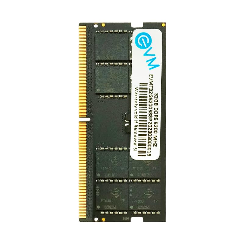 Image of EVM 32GB DDR5 Laptop RAM 5200 MHz SoDimm - High Performance Memory for MAC, Intel, AMD - 16 Chips, 256Mx8 Chip Density - Ideal for Editing, Gaming - 10 Years Warranty (EVMT32G5200S88P)