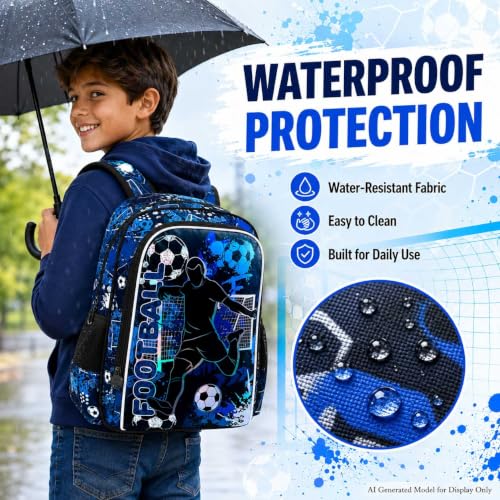 Image of gxtvo 3PCS Boys Soccer Backpack, 17 inch Kids Football Bookbag with Lunch Box, Water Resistant Middle Elementary Preschool School Bag