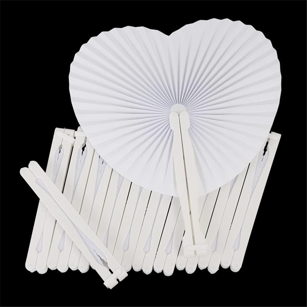 6pcs White Folding Paper Fan Wedding Favor DIY Blank Heart-shaped With Plastic Handle Party Decor
