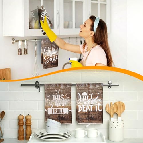 Image of Bencailor 6 Pcs Farmhouse Kitchen Towels Brown Kitchen Decor and Accessories Dish Towels Absorbent Fast Drying Hand Tea Vintage Hanging Reusable Cleaning Dishcloths for Cooking Farmhouse Accessory