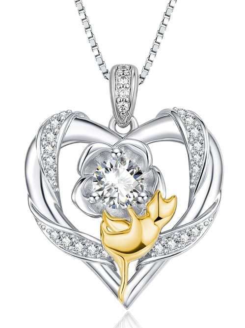 Birthstone Necklaces for Women,Anniversary Birthday Gifts for Girlfriend Grandma Wife Her Mom, 18K White Gold/14K Gold Cat Necklace Heart Womens Fashion Jewelry ﻿