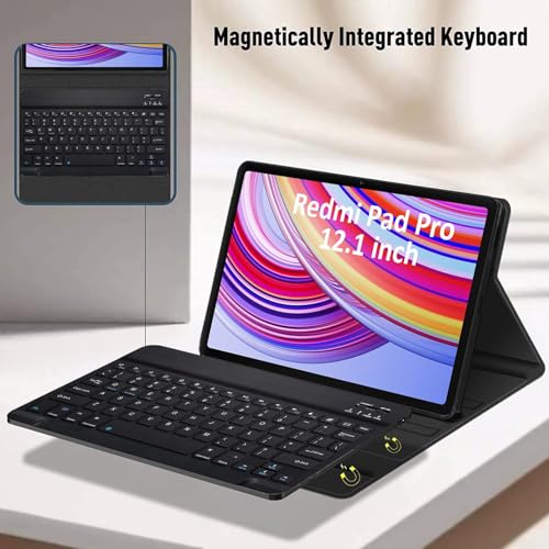 Image of HOM Tri Fold Wireless Bluetooth Keyboard with Detachable Tablet Case Cover for Redmi Pad Pro 5G Tablet 12.1 inch - Black