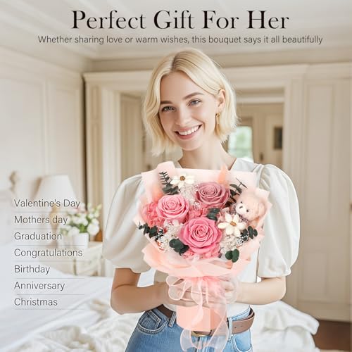 Preserved Flowers Bouquet with Bear, 3 Real Forever Flowers for Delivery, Long-Lasting Pink Eteranl Roses Bouquet Birthday Gifts for Women, Mother, Wife, Her - Image 6