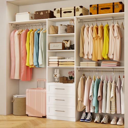 Closet-System-with-Drawers-5FT-8FT-Closet-Organizer-System-with-3-Cuttable-Shelves-3-Expandable-Hanging-Rods-Walk-in-Closet-System-Modular-Closet-Storage-Organizer-White Closet System with Drawers, 5FT-8FT Closet Organizer System with 3 Cuttable Shelves & 3 Expandable Hanging Rods, Walk in Closet System, Modular Closet Storage Organizer, White - Image 1
