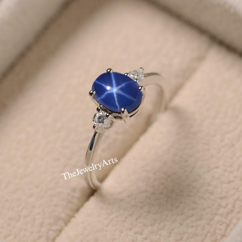 Blue Star Sapphire Ring, 6-Ray Star Engagement & Promise Ring, 925 Sterling Silver Statement Ring for Women