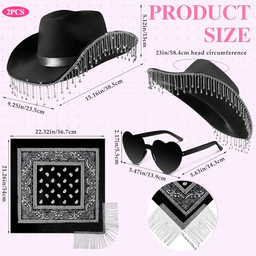 Image of Leumoi 3 Pcs Rhinestone Fringe Cowgirl Hat Rhinestone Bandana Sunglasses