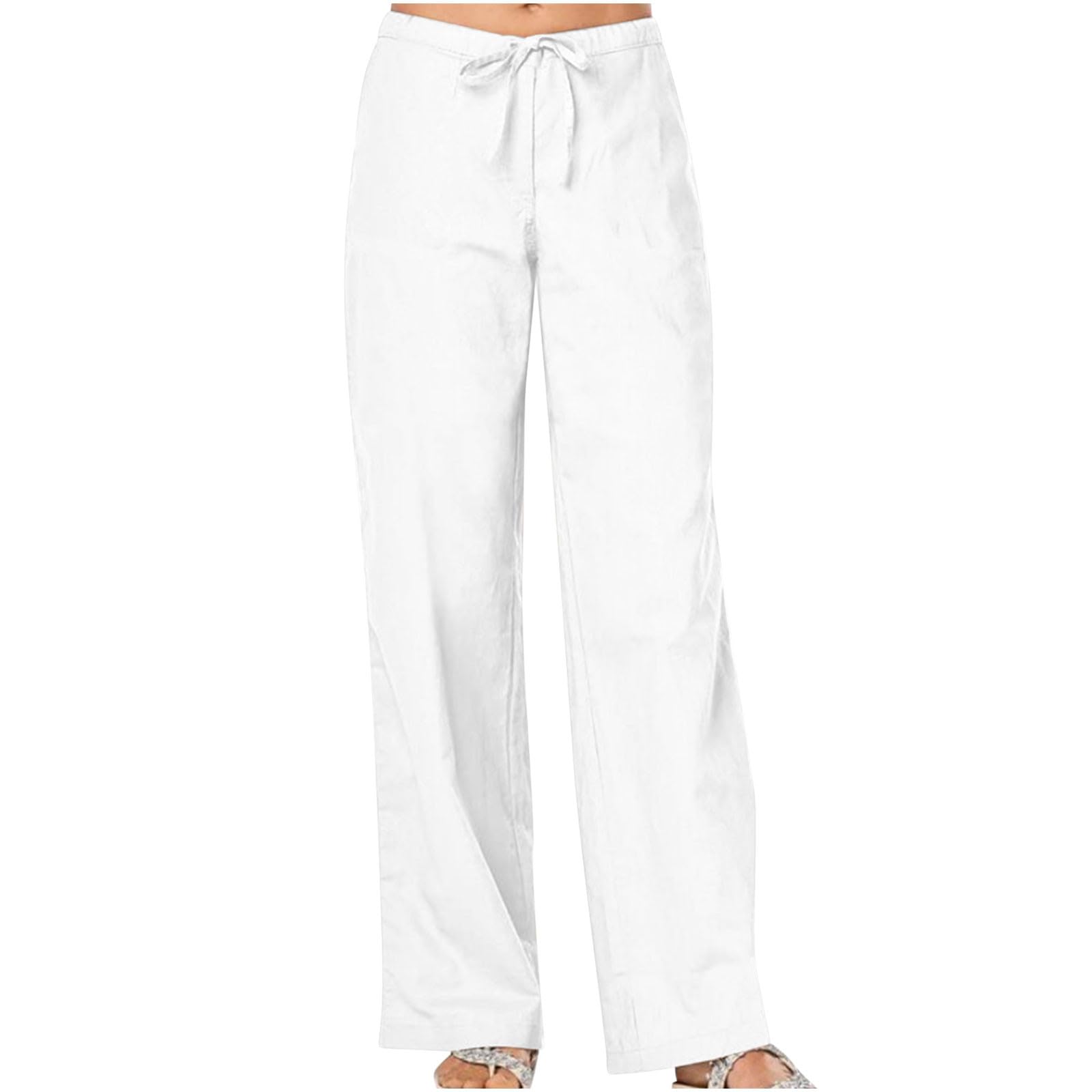 Elastic Waist Pants for Women Cotton Linen Pants Solid Wide Leg Pants Casual Comfy Pants Loose Fitting Pants