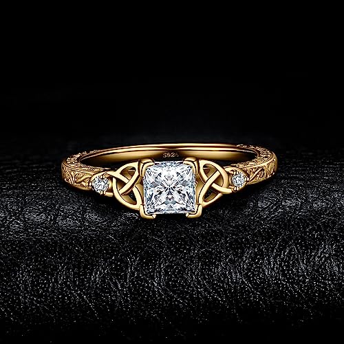 JewelryPalace Vintage Celtic Knot Princess Cut 1.2ct Cubic Zirconia Solitaire Engagement Rings for Women, 14k Yellow Gold Plated 925 Sterling Silver Promise Rings, Simulated Diamond Ring Size 103