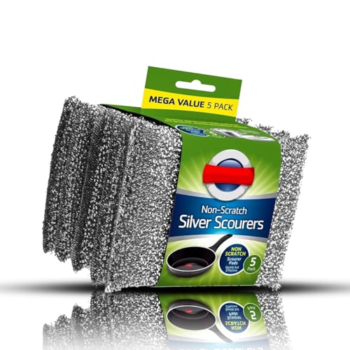 Sponges Scrubbing Pad, 5 pack Non-Scratch Stainless Steel Scouring Pad, Washing Up Scourer - Easy Grip Cleaning for Pots and Pans (Grey)