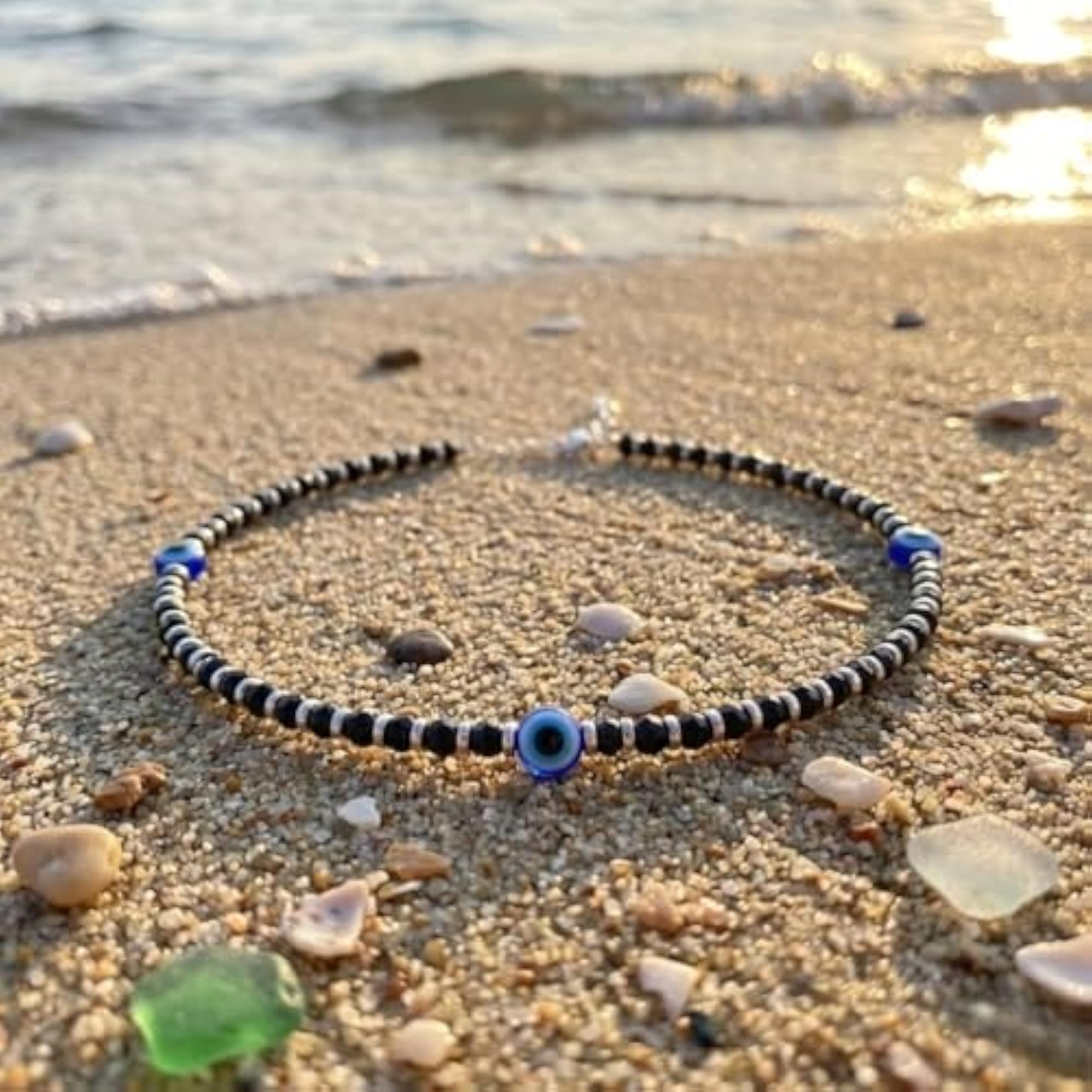 Women's Sterling Silver Anklet with Black Crystal Evil Eye