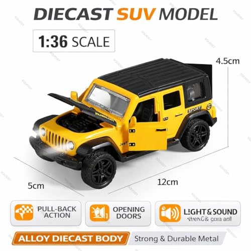 Image of 1:36 Scale Rubicon Car Model - Die-Cast Metal Pull Back SUV with Openable Doors, Lights & Music - Alloy Off-Road Toy Vehicle for Kids, Boys & Collectors (Yellow)