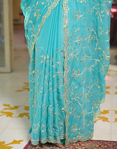 Image of SIRIL Women's Georgette Embroidery Saree With Unstitched Blouse