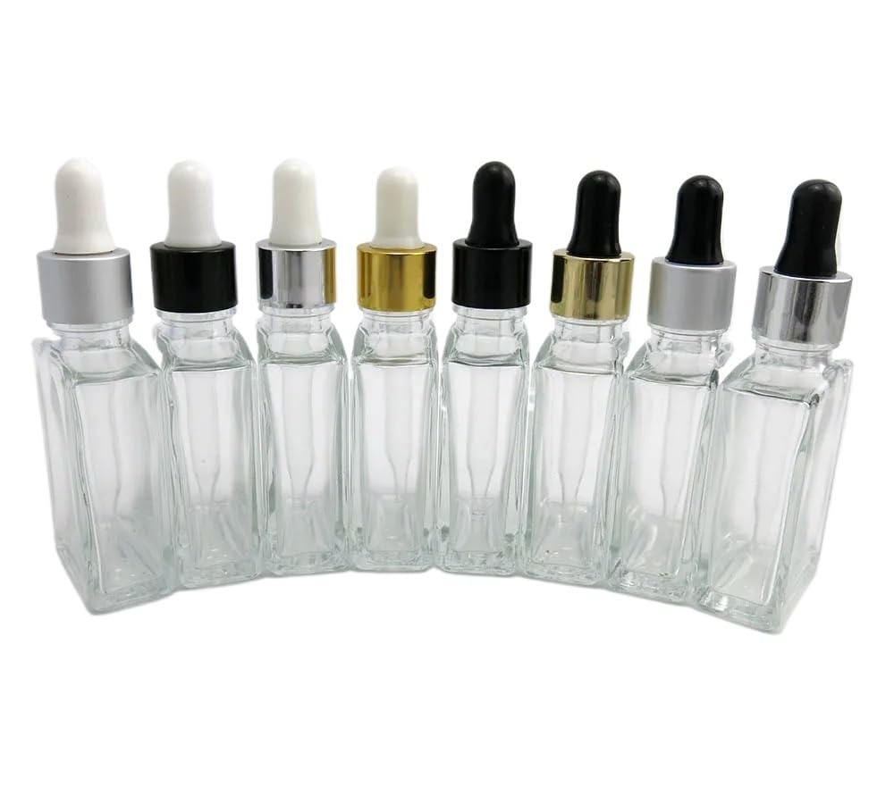 30 szt. 30 ml przezroczystych, kwadratowych szklanych butelek z zakraplaczem z nakrętkami. Puste pojemniki do dozowania cieczy(Shining Silver white)