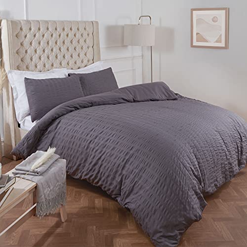 Highams Seersucker Duvet Cover with Pillow Case Bedding Set, Charcoal Dark Grey - Single